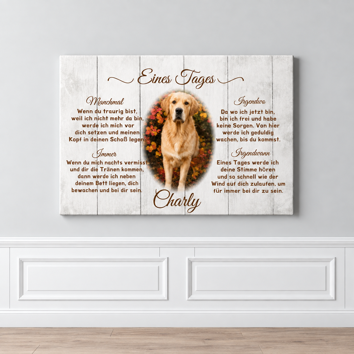 Personalisierte Leinwand mit goldenem Retriever und Gedichttext, auf Holzoptik-Hintergrund, in warmen Farben gestaltet.