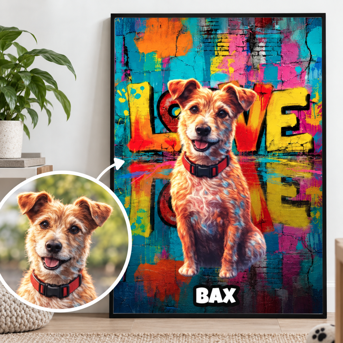 Personalisierbares Poster mit farbenfrohem Streetart-Hintergrund und Hundebild.