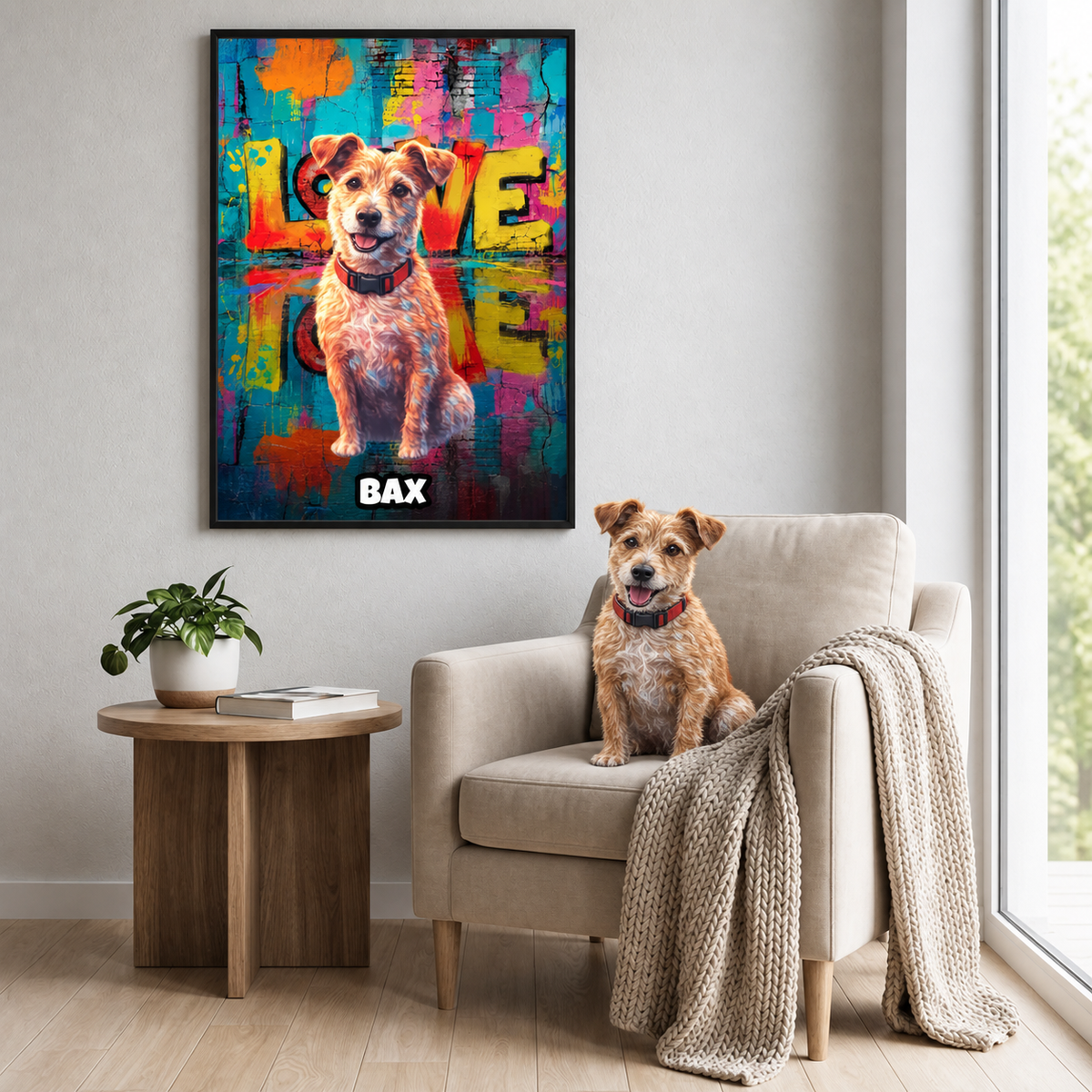 Personalisertes Poster mit einem Hund im Streetart-Stil, bunten Farben und dem Namen "BAX". Hund sitzt auf einem beigen Sessel.