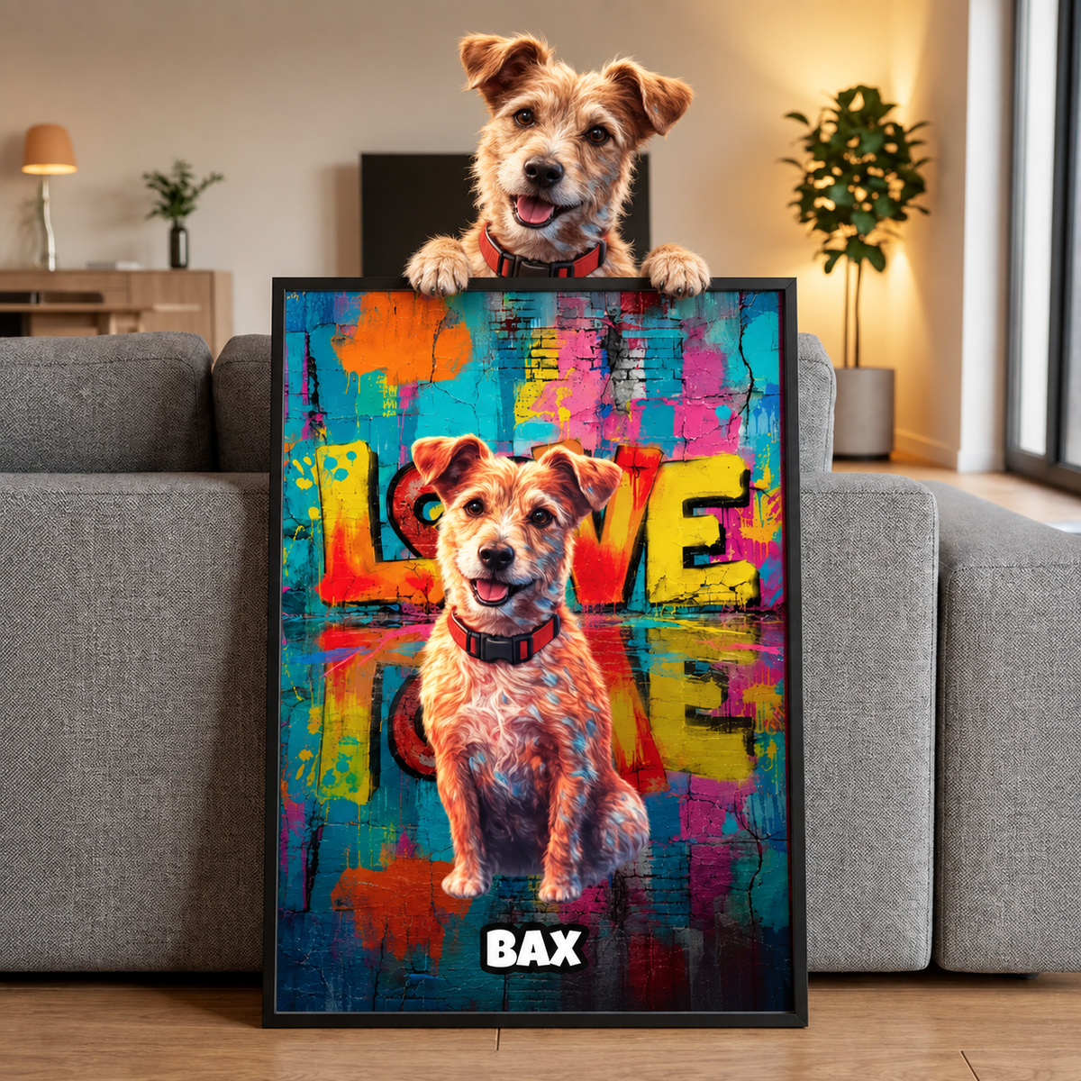 Personalisiertes Poster mit einem Hund im Streetart-Stil, farbenfroher Hintergrund mit dem Schriftzug "LOVE".