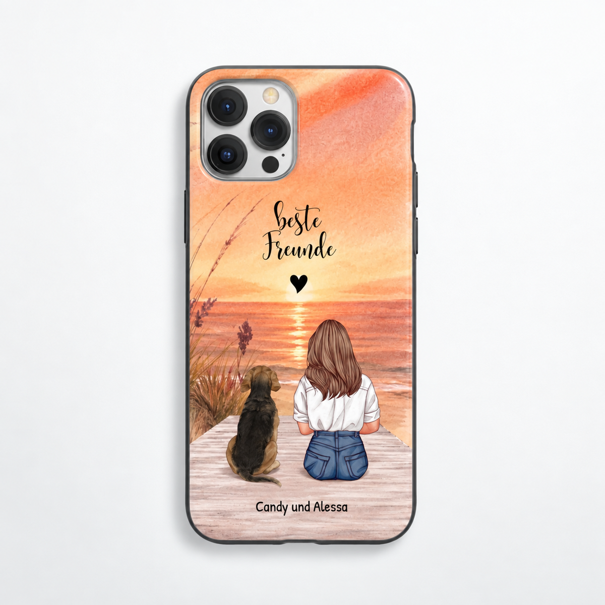 Personalisierte Handyhülle mit Illustration einer Frau und Hund am Sonnenuntergang mit dem Text "beste Freunde".