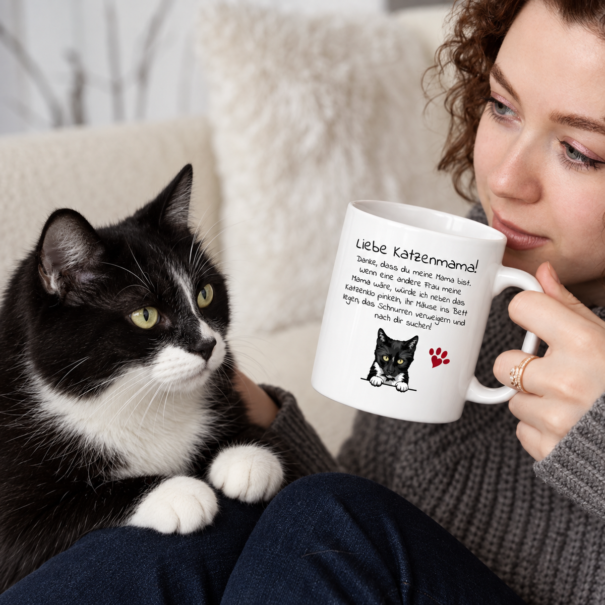 Personalisierte Tasse mit dem Text "Liebe Katzenmama!" und Katzenmotiv, in den Händen einer Frau mit Katze.