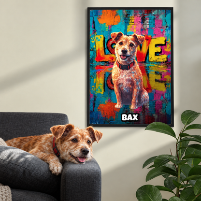 Personalisierte Streetart-Poster mit Hundebild, farbenfrohem Hintergrund und Schriftzug "LOVE".