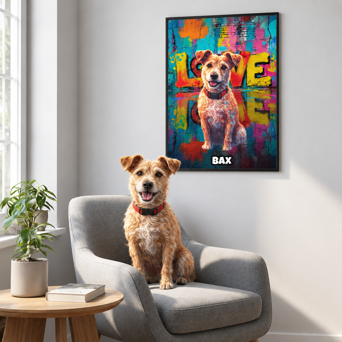 Personalisiertes Poster mit einem Hund in Streetart-Style, bunte Hintergrundgestaltung, Name „BAX“ unten.