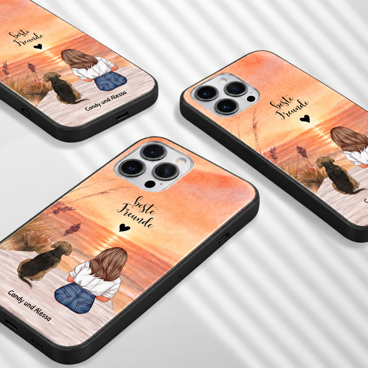 Personalisierte Handyhüllen mit Illustration einer Frau und Hund vor einem Sonnenuntergang. Farben: Orange, Braun.