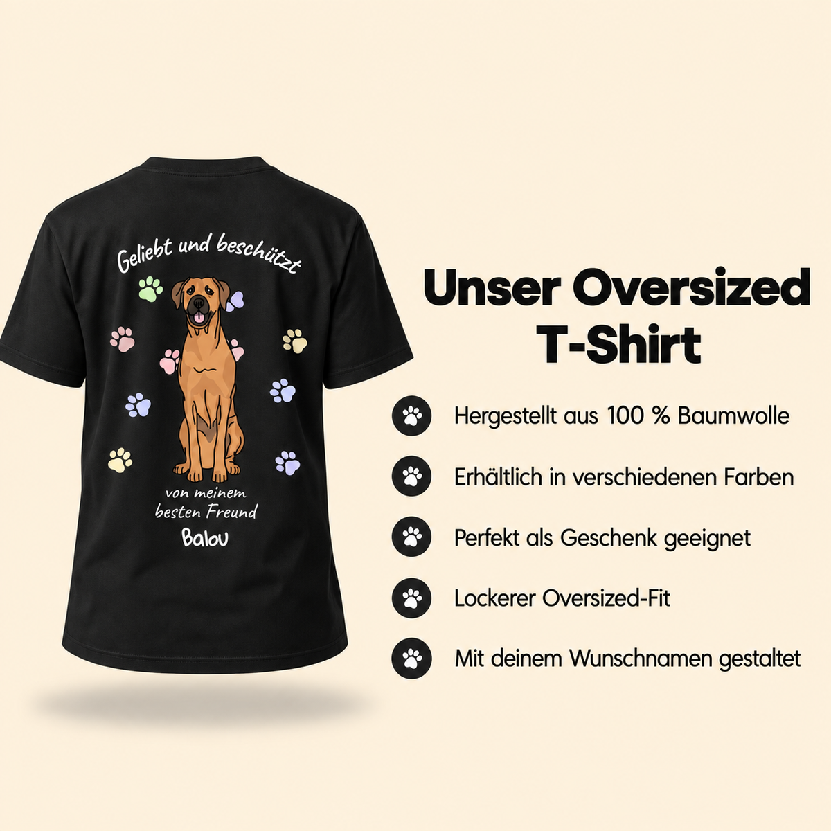 Schwarzes T-Shirt aus 100 % Baumwolle mit Hundeporträt und Text "Geliebt und beschützt".