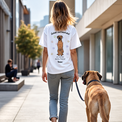 Weißes T-Shirt mit Print eines Hundes und Text „Geliebt und beschützt“ auf dem Rücken, getragen von einer Frau.