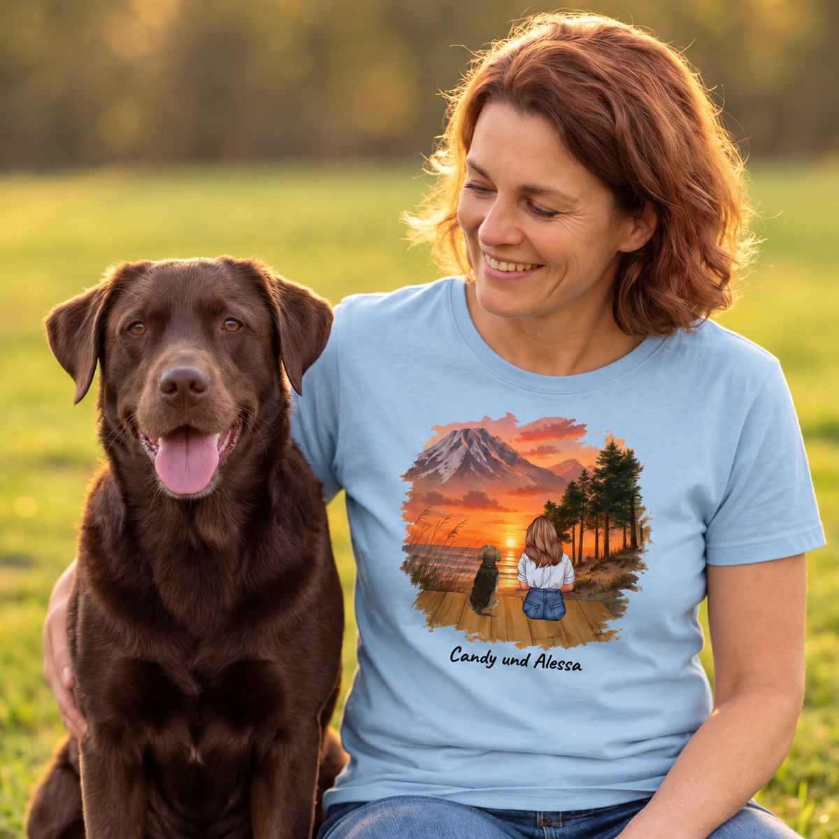 Blaues T-Shirt mit grafischem Druck einer Frau und ihrem Hund vor einer Berglandschaft.