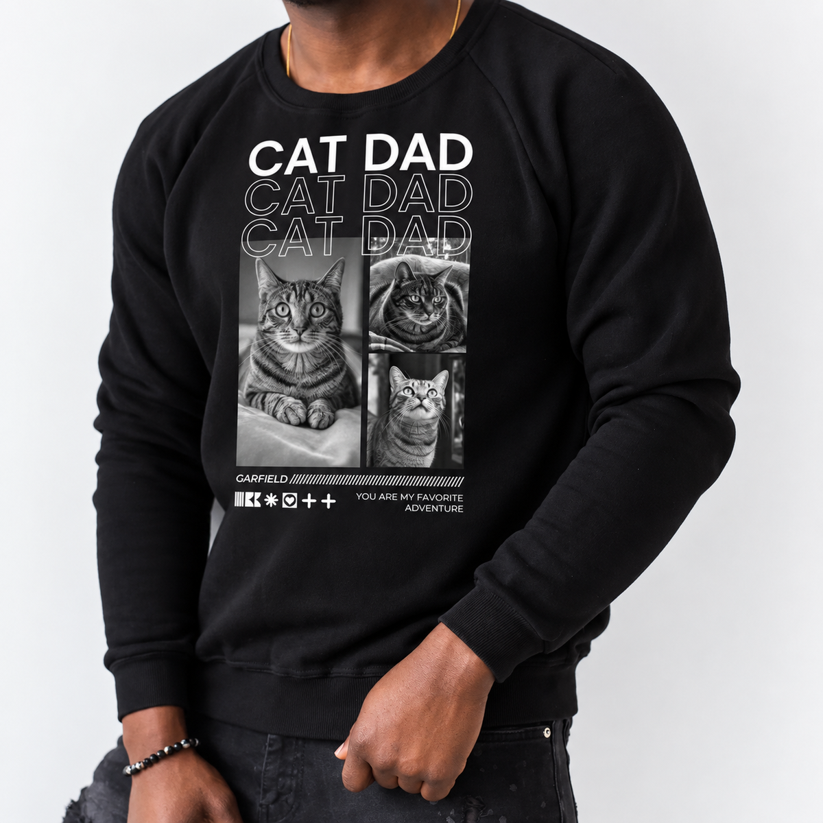 Schwarzes Sweatshirt mit Katzenmotiv und Text "Cat Dad", personalisiert für Katzenliebhaber.