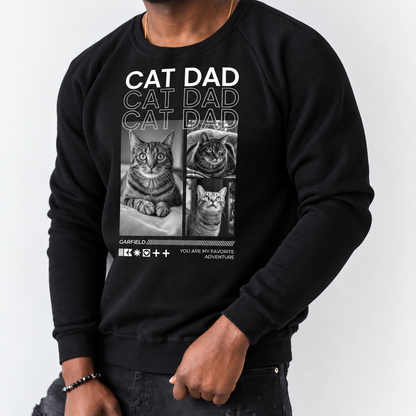 Schwarzes Sweatshirt mit Katzenmotiv und Text "Cat Dad", personalisiert für Katzenliebhaber.