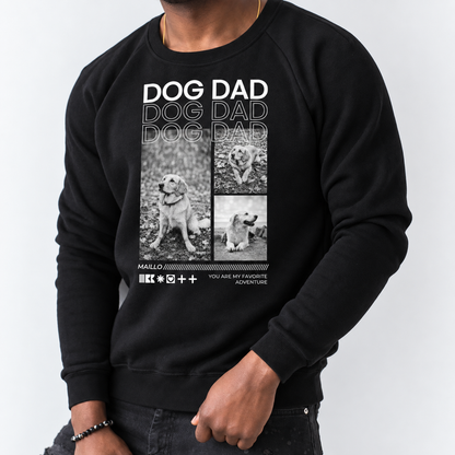 Schwarzes Sweatshirt mit Druck "DOG DAD" und Hundeillustrationen auf der Vorderseite.