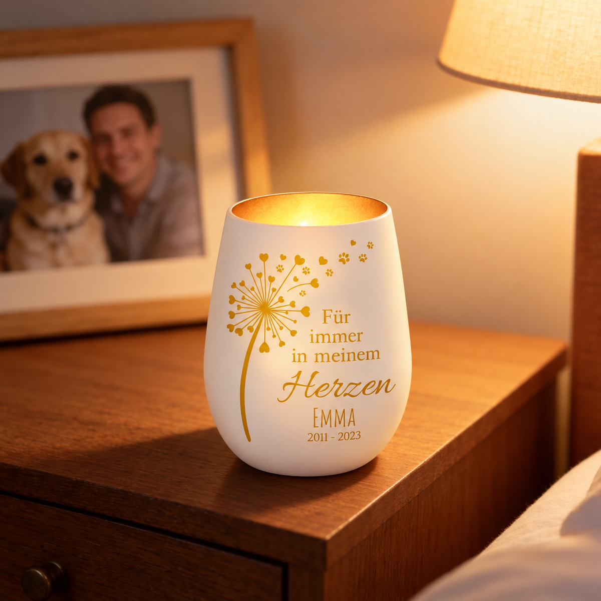 Personalisiertes Trauerlicht aus Keramik in Weiß mit goldener Schrift und Blattdesign, auf einem Nachttisch.
