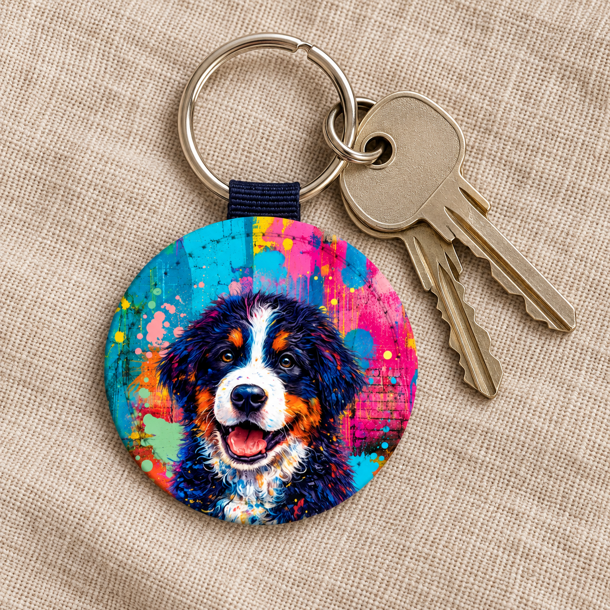 Runder Schlüsselanhänger mit buntem Streetart-Design eines Hundes, Metallring und Schlüssel.
