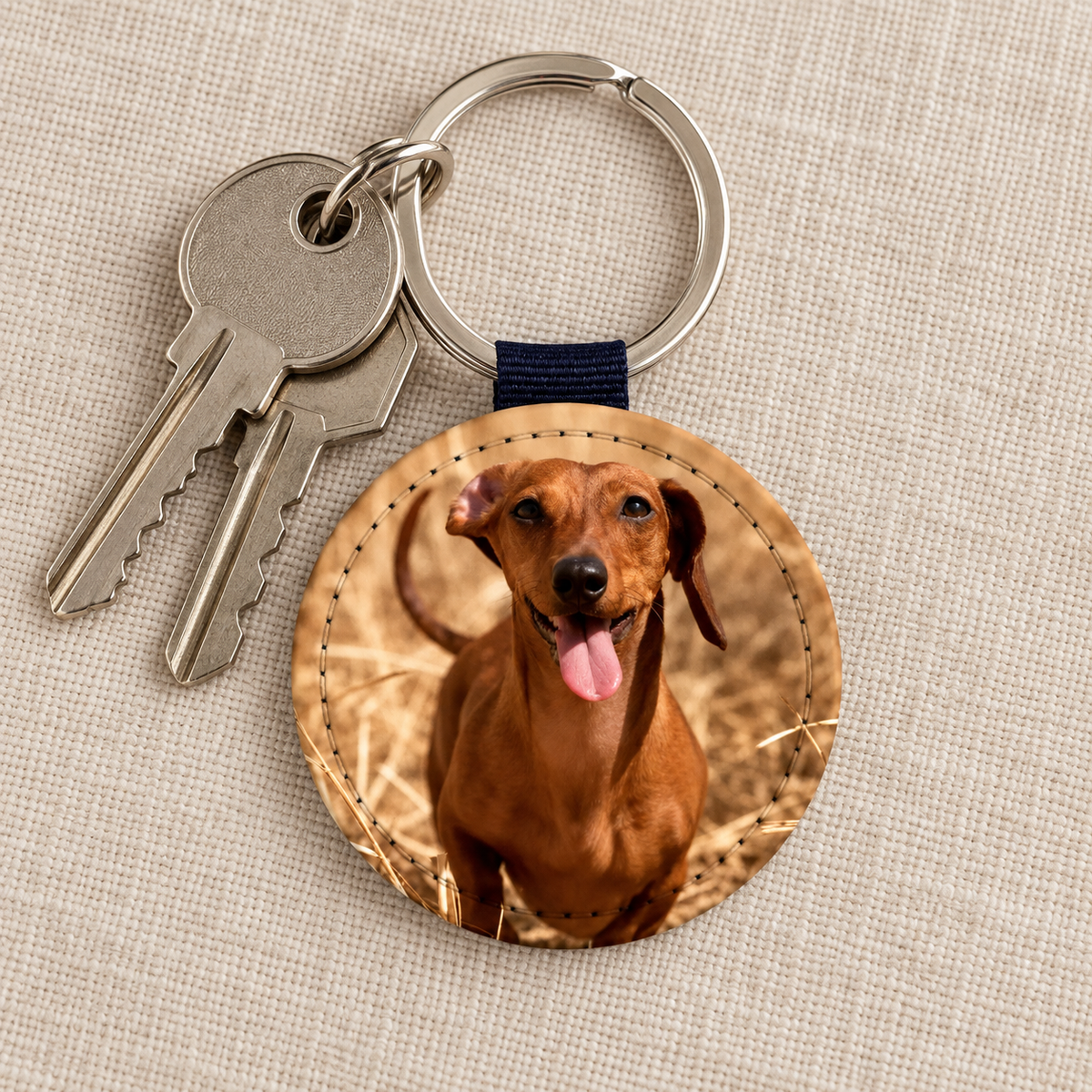 Runder Schlüsselanhänger mit personalisiertem Foto eines Hundes, Metallring und blauer Schlaufe.