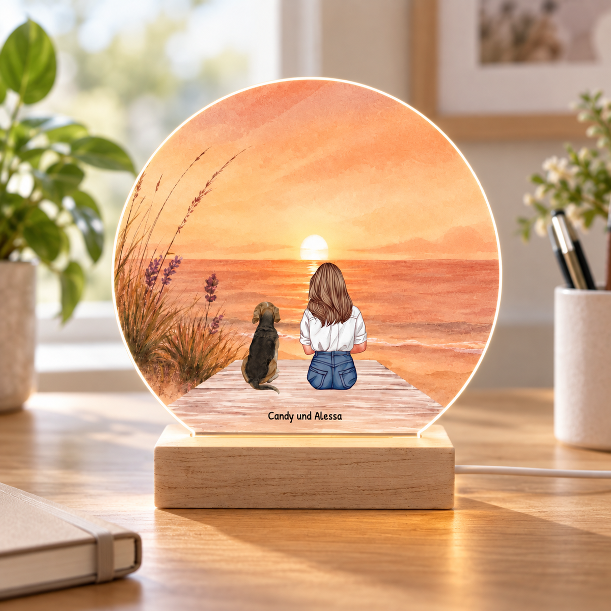 Personalisierbares LED Nachtlicht mit Illustration von einem Mädchen und einem Hund bei Sonnenuntergang. Holzsockel.