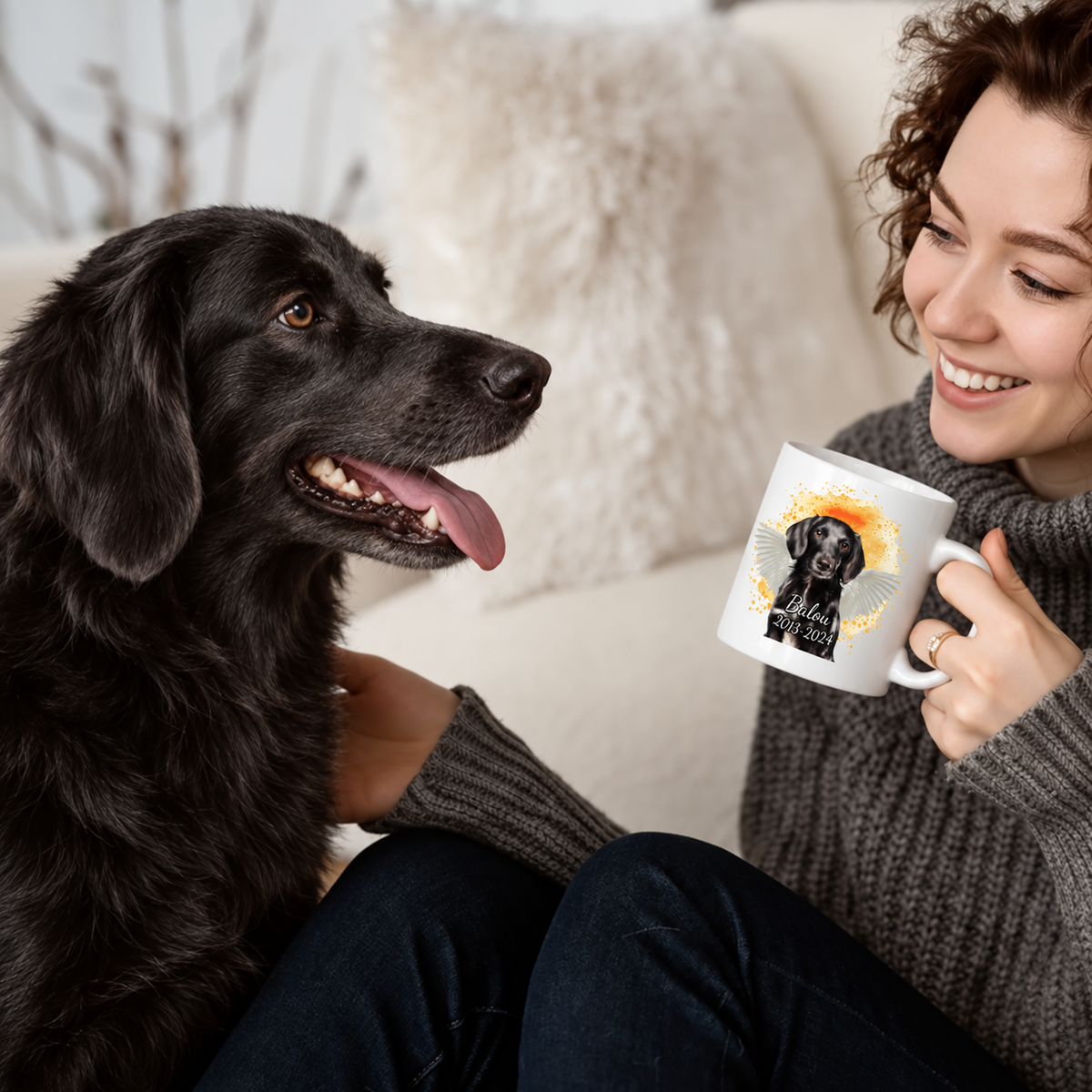 Person mit personalisierter Tasse und Hund auf dem Schoß, Tasse zeigt Haustierportrait und Text.