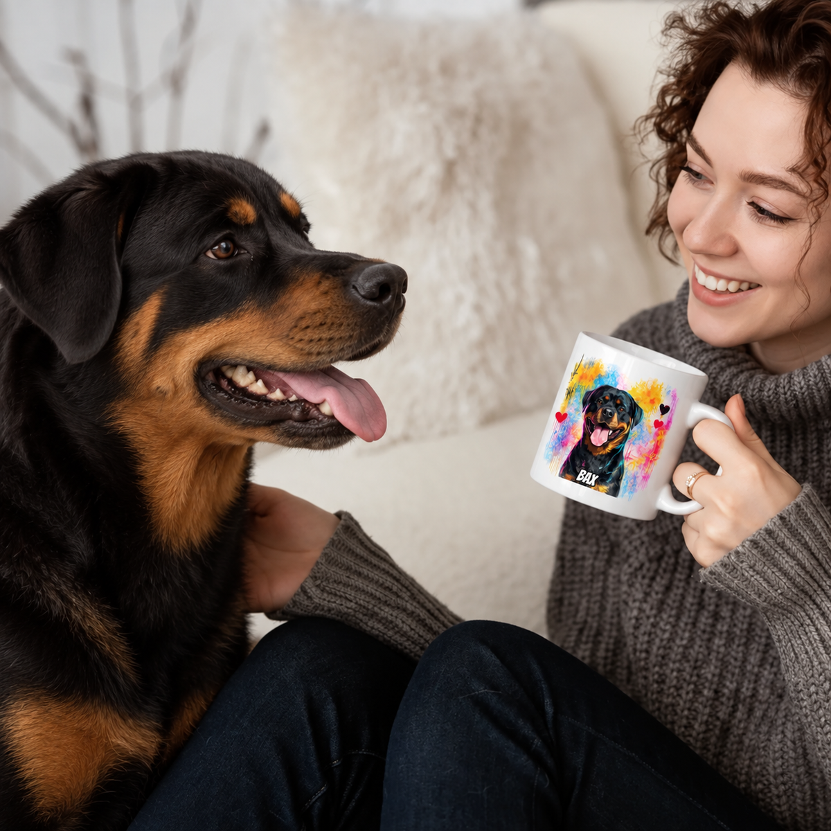 Person mit einer personalisierten graffitibesprühten Tasse in Hand, sitzend neben einem Rottweiler.