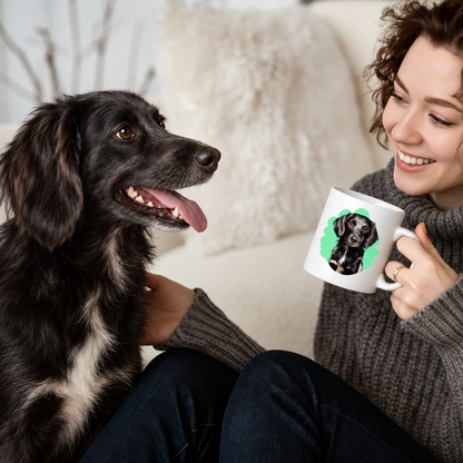 Tasse mit Haustierportrait eines Hundes, gehalten von einer Person in grauem Pullover, sitzend auf einem Sofa.