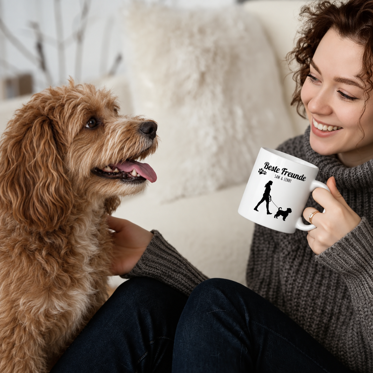Person trinkt aus weißer Tasse mit Aufschrift „Beste Freunde“, sitzt mit Hund auf der Couch.
