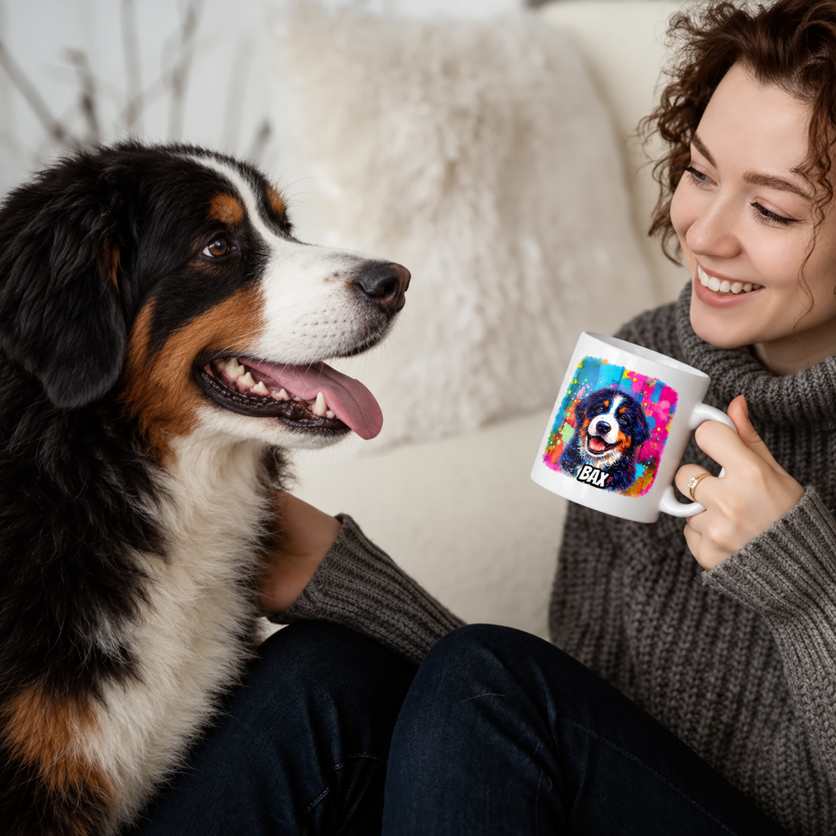 Person hält eine personalisierte Graffiti-Tasse mit Hundebild, sitzend neben einem Hund auf einem Sofa.
