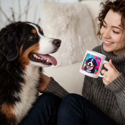 Person hält eine personalisierte Graffiti-Tasse mit Hundebild, sitzend neben einem Hund auf einem Sofa.