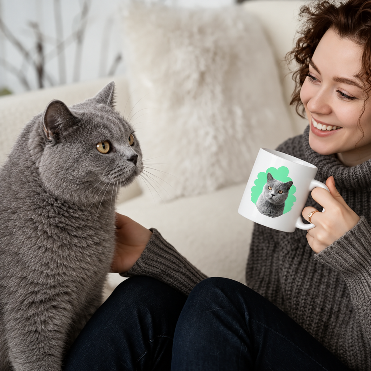 Person sitzt mit grauer Katze auf dem Schoß und hält eine personalisierte Tasse mit Katzenporträt in der Hand.