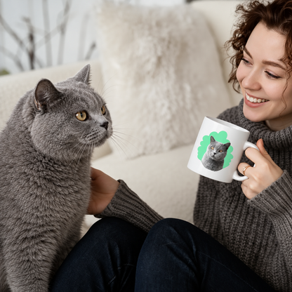 Person sitzt mit grauer Katze auf dem Schoß und hält eine personalisierte Tasse mit Katzenporträt in der Hand.