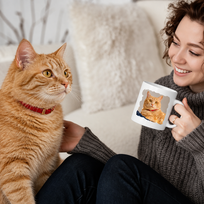 Person mit personalisierter Tasse und Katze, Tasse zeigt Foto einer orangefarbenen Katze, gemütliche Innenraumumgebung.