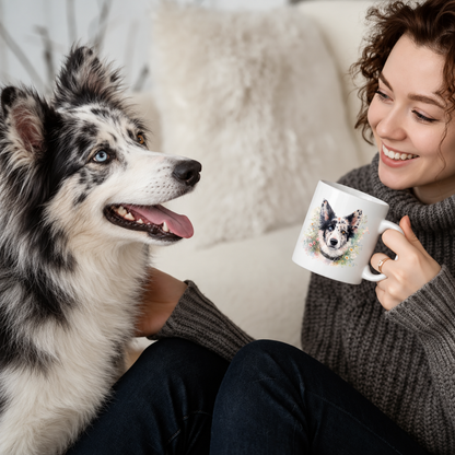 Frau mit grauem Pullover hält eine personalisierte Tasse mit Hundemotiv, sitzt neben ihrem Hund auf einem Sofa.
