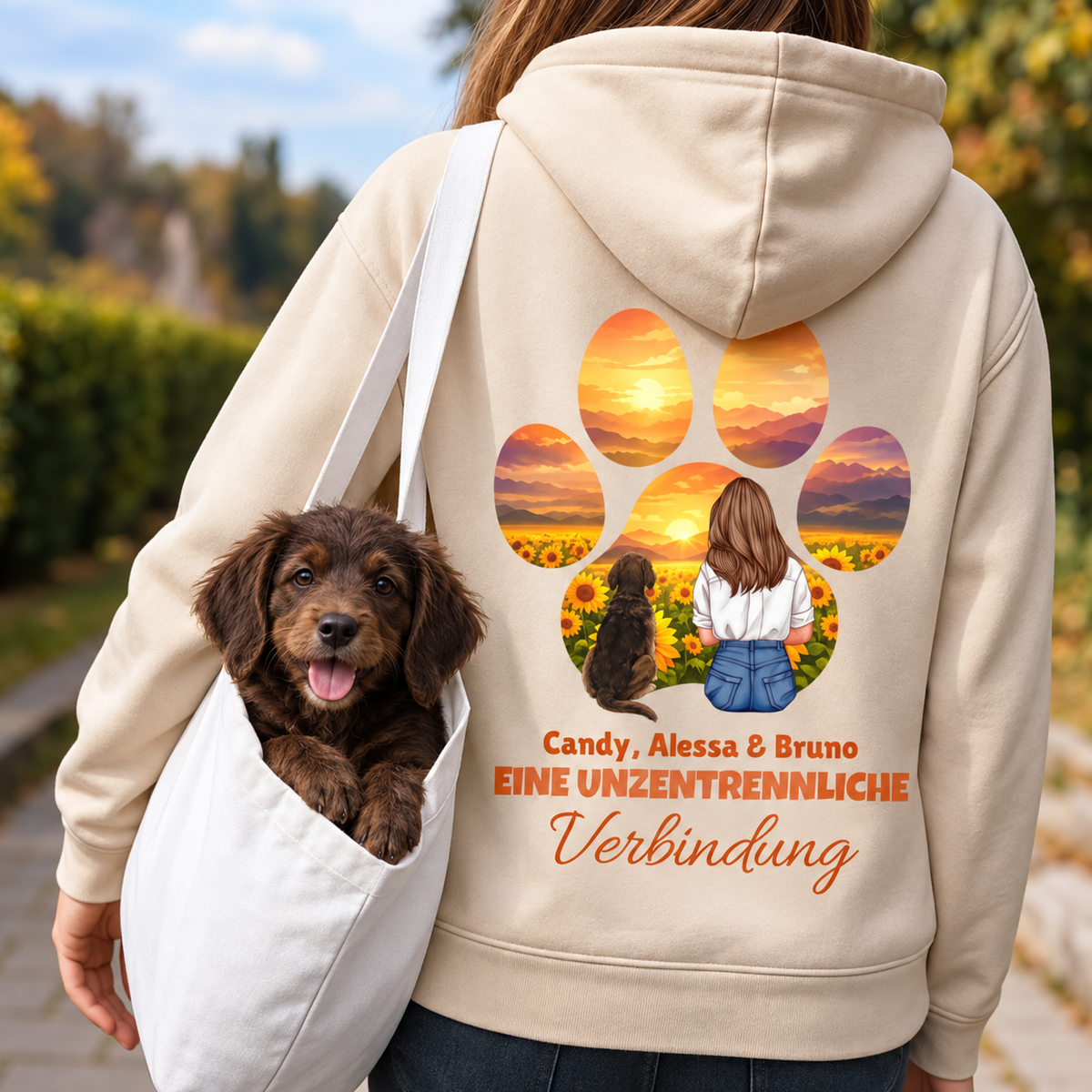 Beige Hoodie mit Tierpfoten-Design, vorn eine Frau mit Hunden in einer Sonnenblumenlandschaft. Personalisierbar.