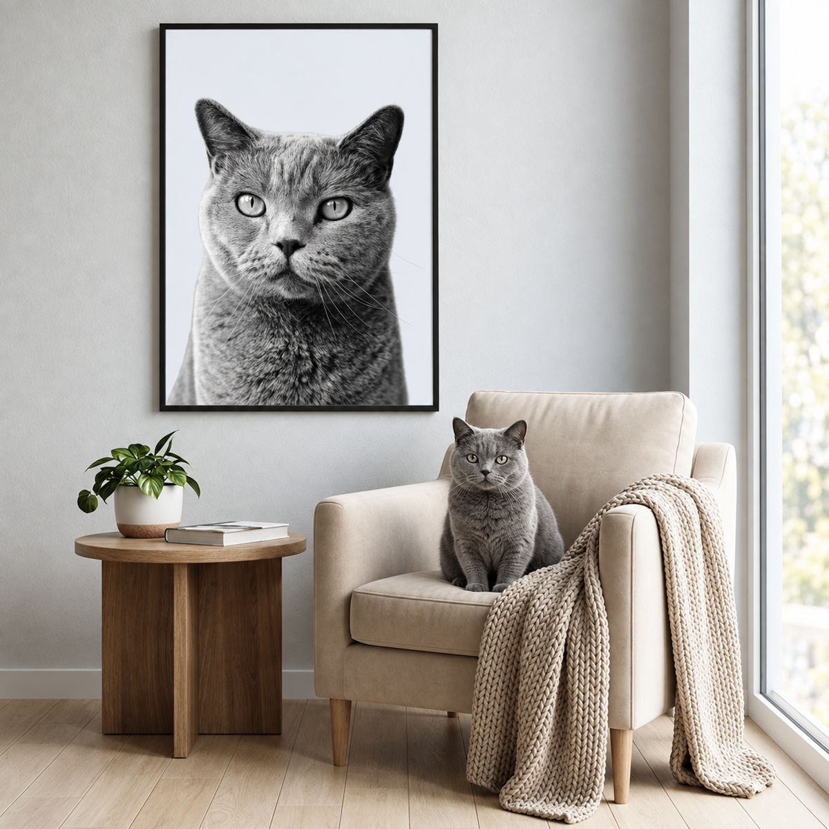 Graues Haustierporträt in einem schwarzen Rahmen an der Wand über einem beigen Sessel mit einer grauen Katze.