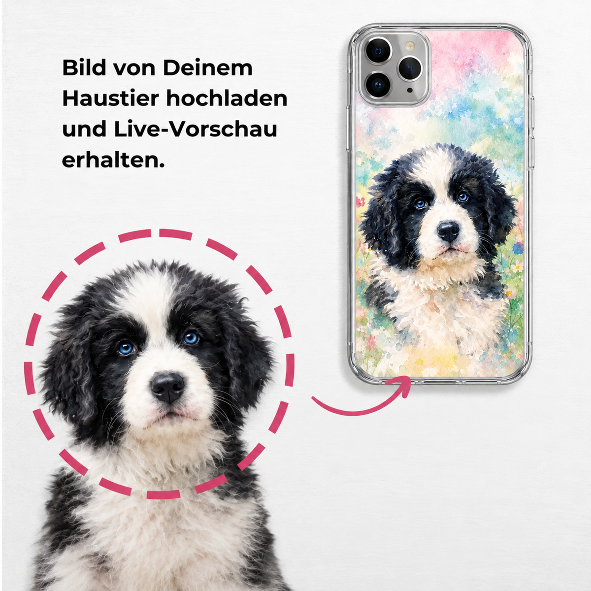 Personalisierte Handyhülle mit Aquarell-Druck eines Hundeporträts auf transparentem Hintergrund.