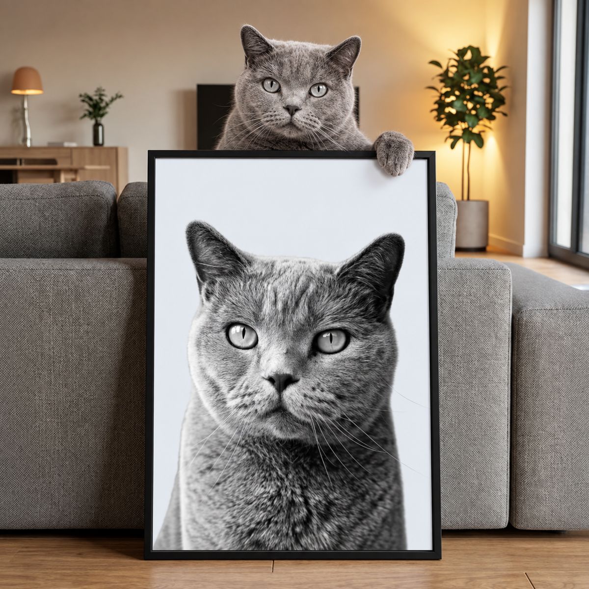 Graues Haustierportrait auf einem schwarzen Rahmen, präsentiert von einer ähnlichen Katze.