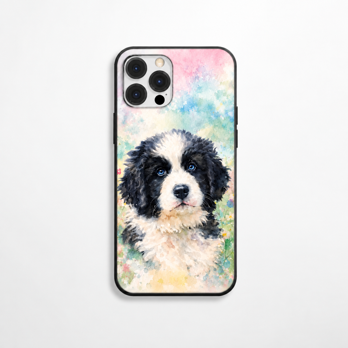 Handyhülle mit Aquarell-Motiv eines Hundes, Farbverlauf in Pastelltönen.