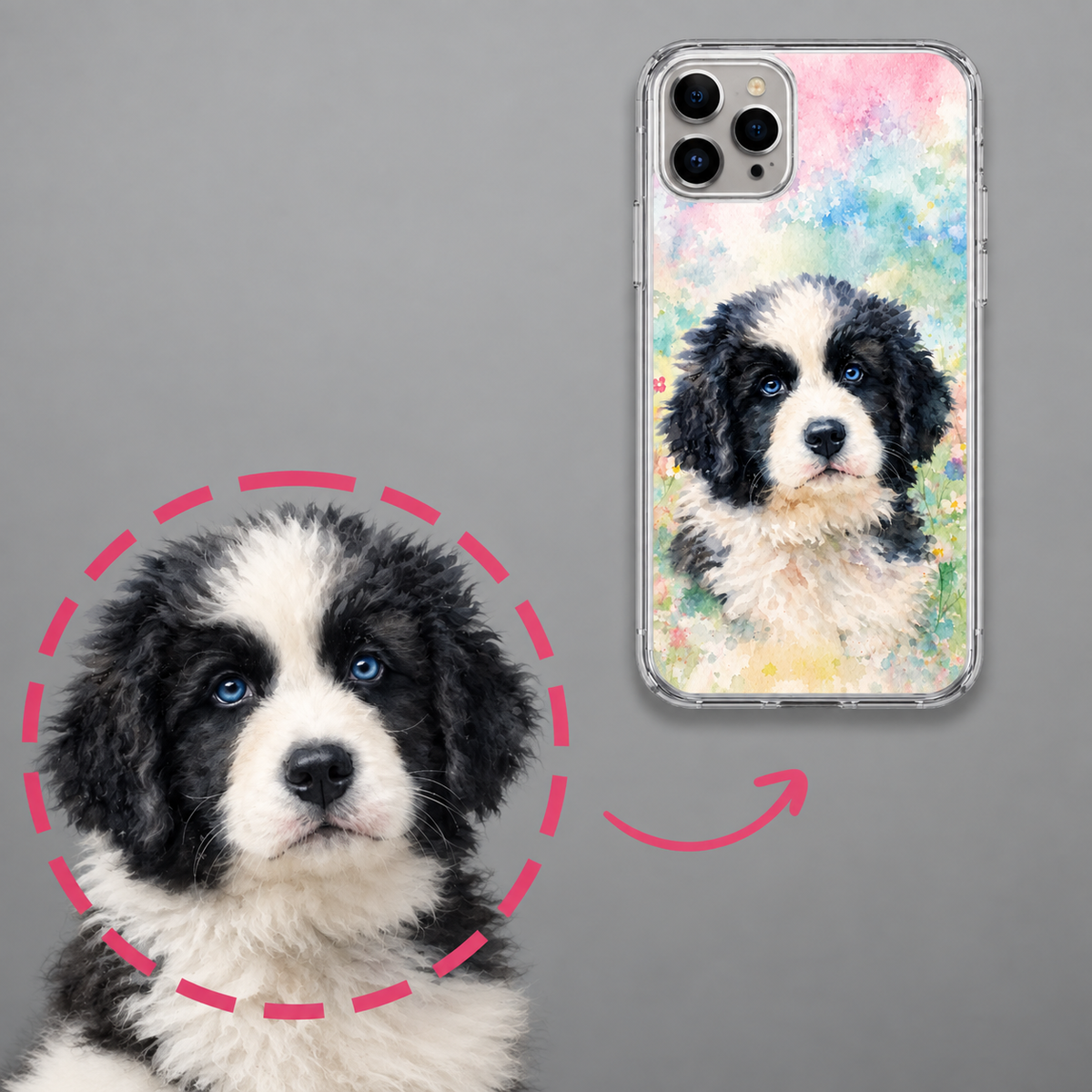 Personalisierte Handyhülle mit Aquarell-Druck eines Hundes in Farben von Pink und Grün.
