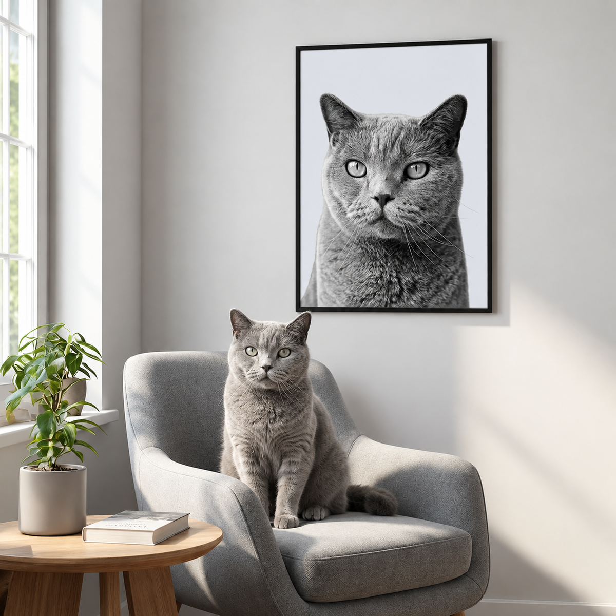 Grauer Kater sitzt auf einem Sessel vor einem gerahmten Schwarz-Weiß-Poster eines Katzenportraits.