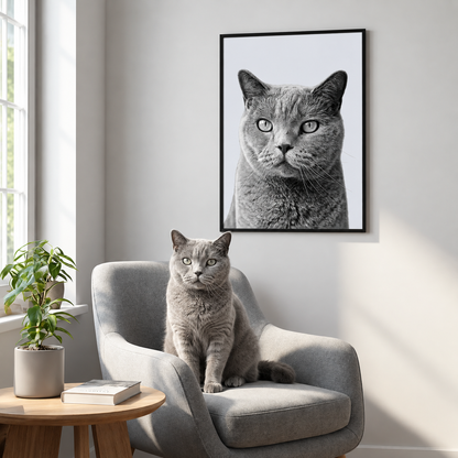 Grauer Kater sitzt auf einem Sessel vor einem gerahmten Schwarz-Weiß-Poster eines Katzenportraits.