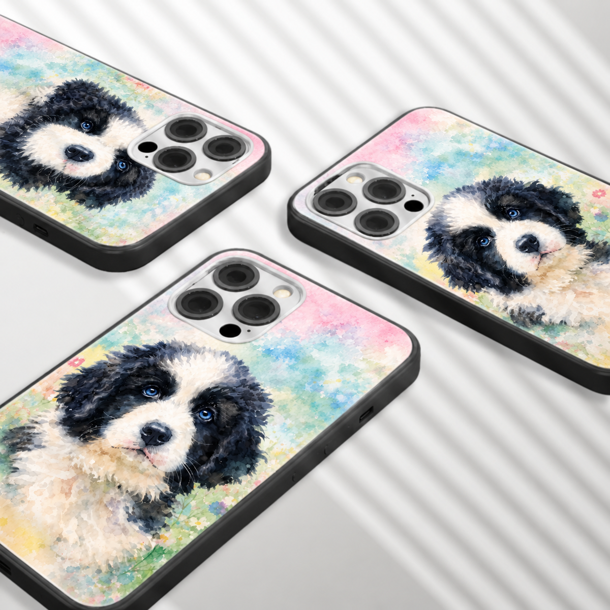 Drei personalisierte Handyhüllen mit Aquarell-Dog-Designs in bunten Farben.