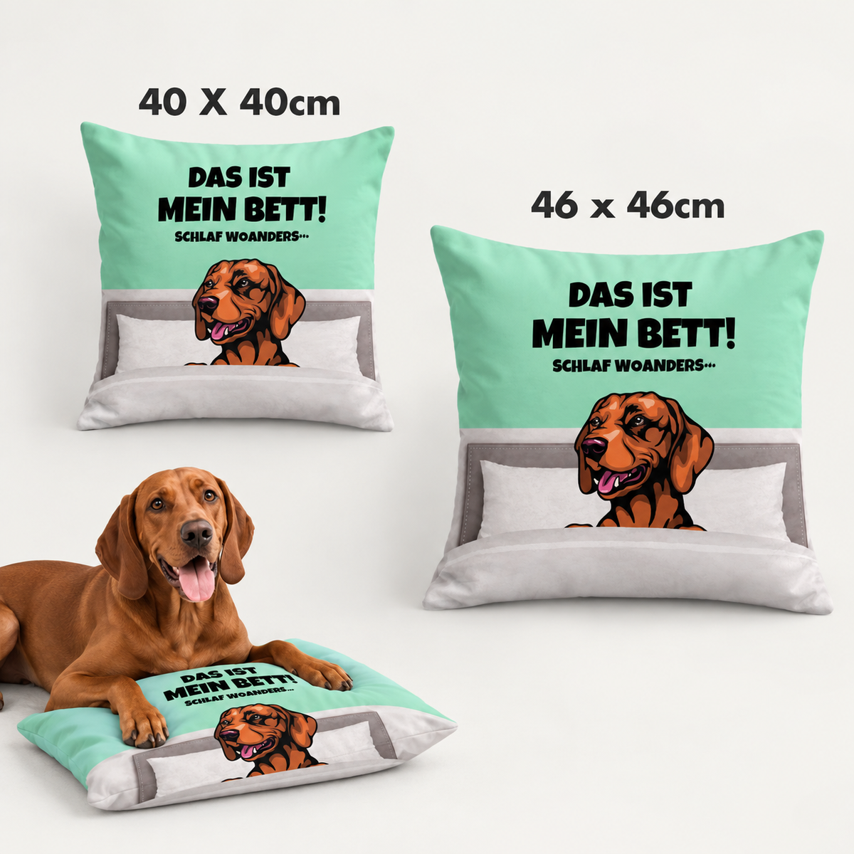 Personalisiertes Kissen in Mintgrün mit Hundemotiv und Aufschrift, erhältlich in 40x40 cm und 46x46 cm.