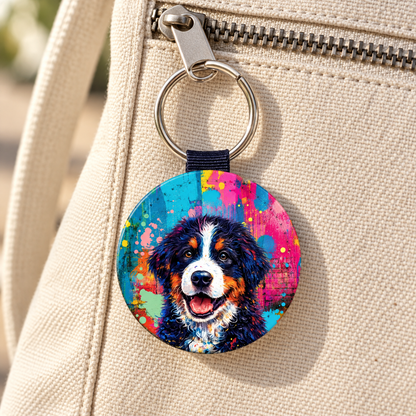 Runder Schlüsselanhänger mit buntem Streetart-Design eines Hundes, befestigt an einer Tasche.