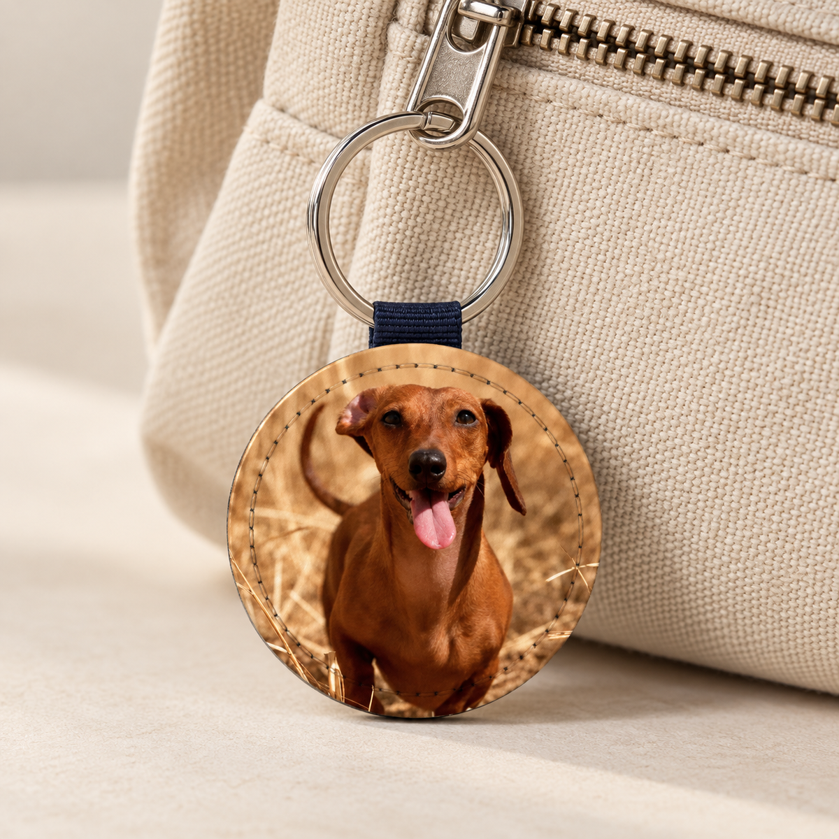 Runder Schlüsselanhänger mit personalisiertem Foto eines Hundes, grau-mit-blauem Band.