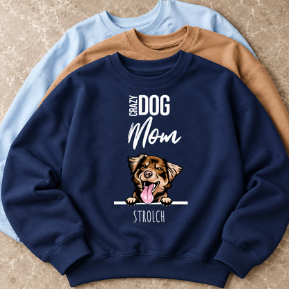 Drei Sweatshirts in Blau, Braun und Dunkelblau mit Hundemotiv und Aufschrift "Crazy Dog Mom".