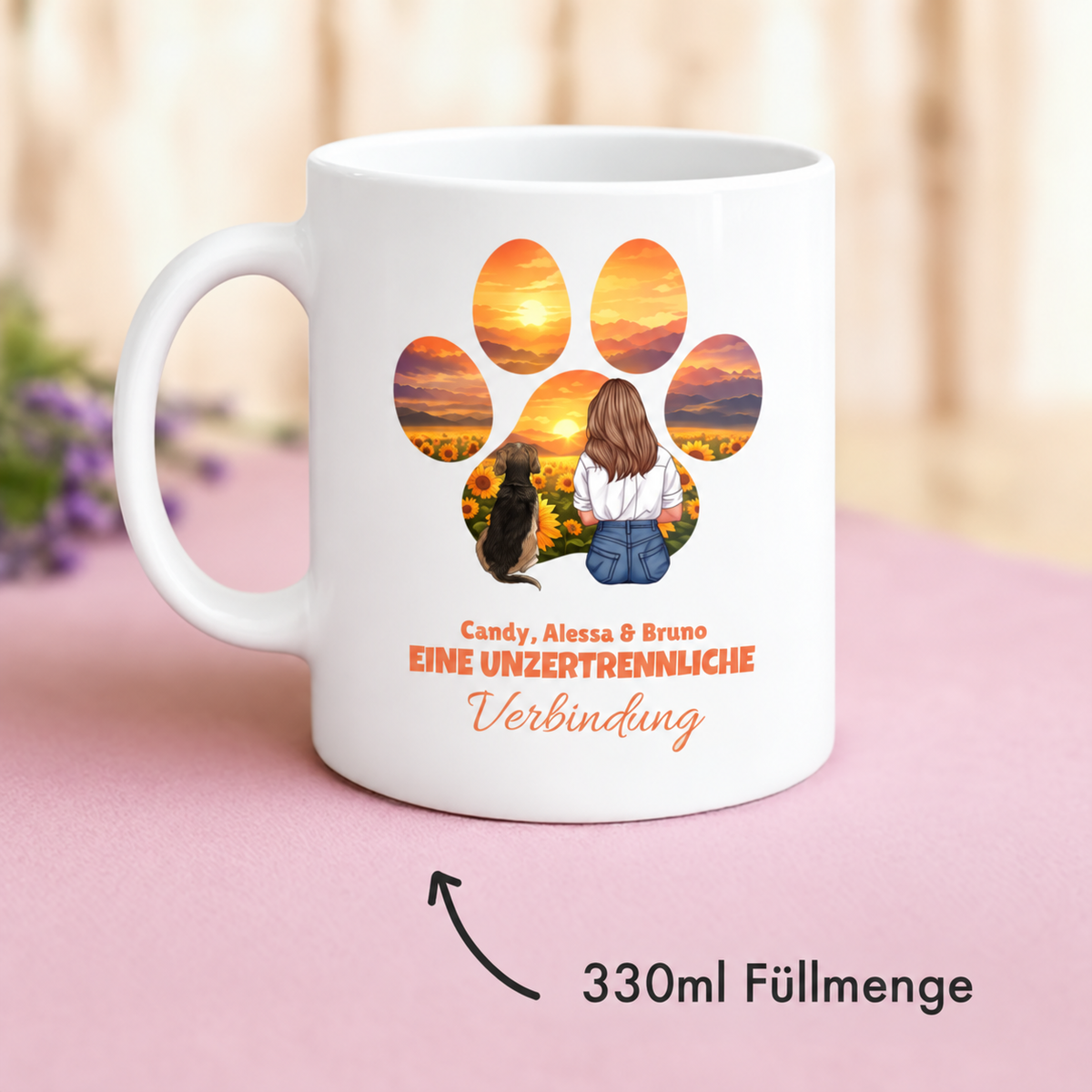Weiße Tasse mit personalisiertem Design, Tierpfote und Sonnenuntergang, 330ml Füllmenge.