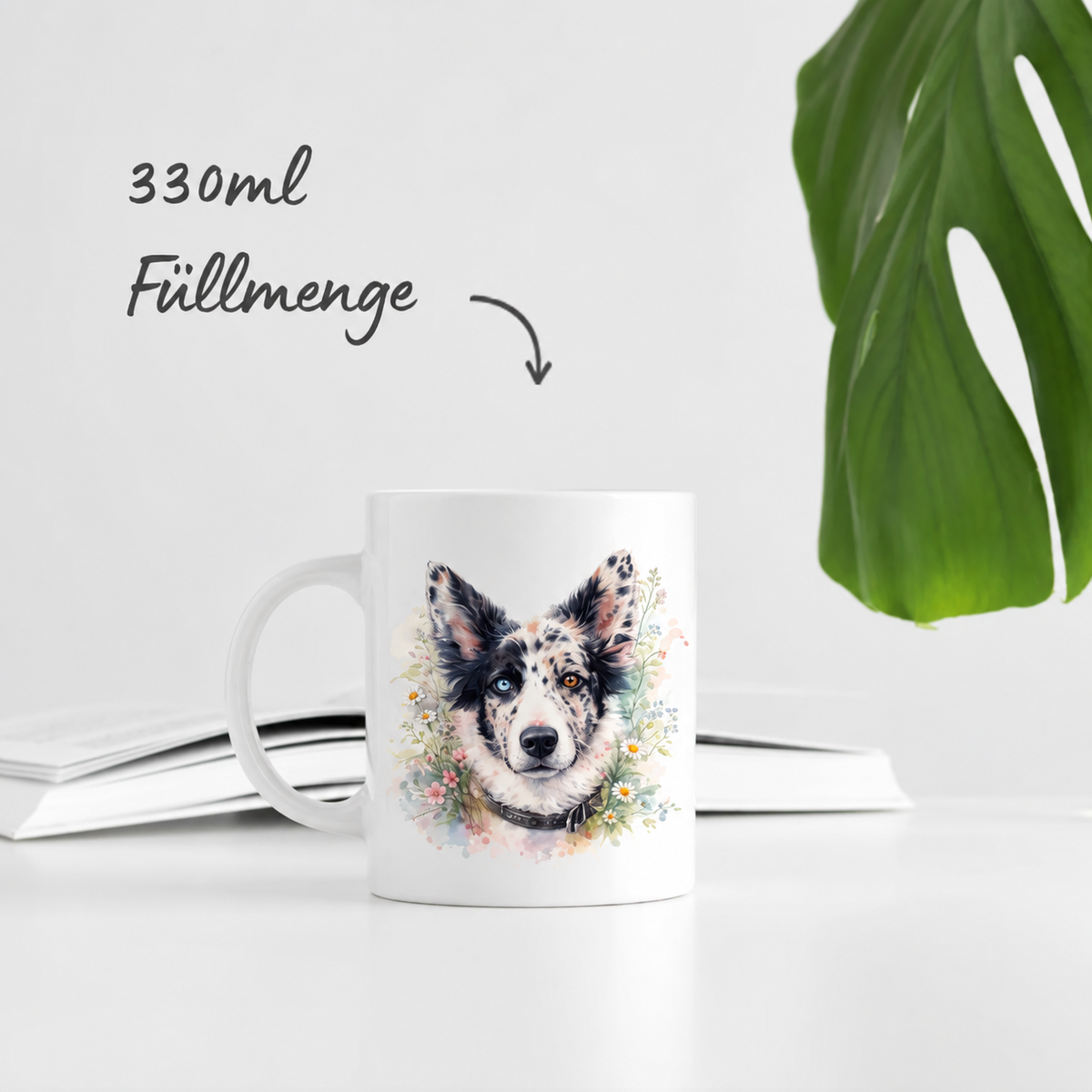 Personalisierte Tasse mit Aquarellmotiv eines Hundekopfes, weiße Keramik, 330ml Füllmenge.