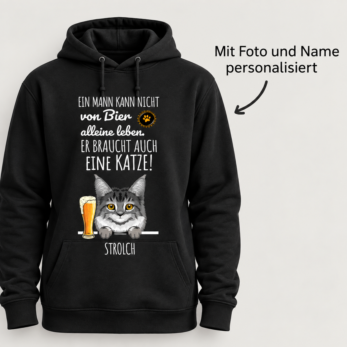 Schwarzer Hoodie mit Katzen- und Bier-Motiv sowie personalisierbarem Text.