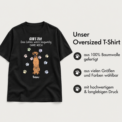 Schwarzes oversized T-Shirt aus 100% Baumwolle mit Hundedesign und bunten Pfotenabdrücken.