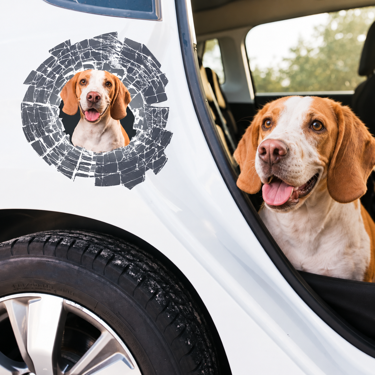 Personalisierter Autoaufkleber mit einem Spähenden Foto eines Hundes in einem Rissdesign auf einem weißen Auto.