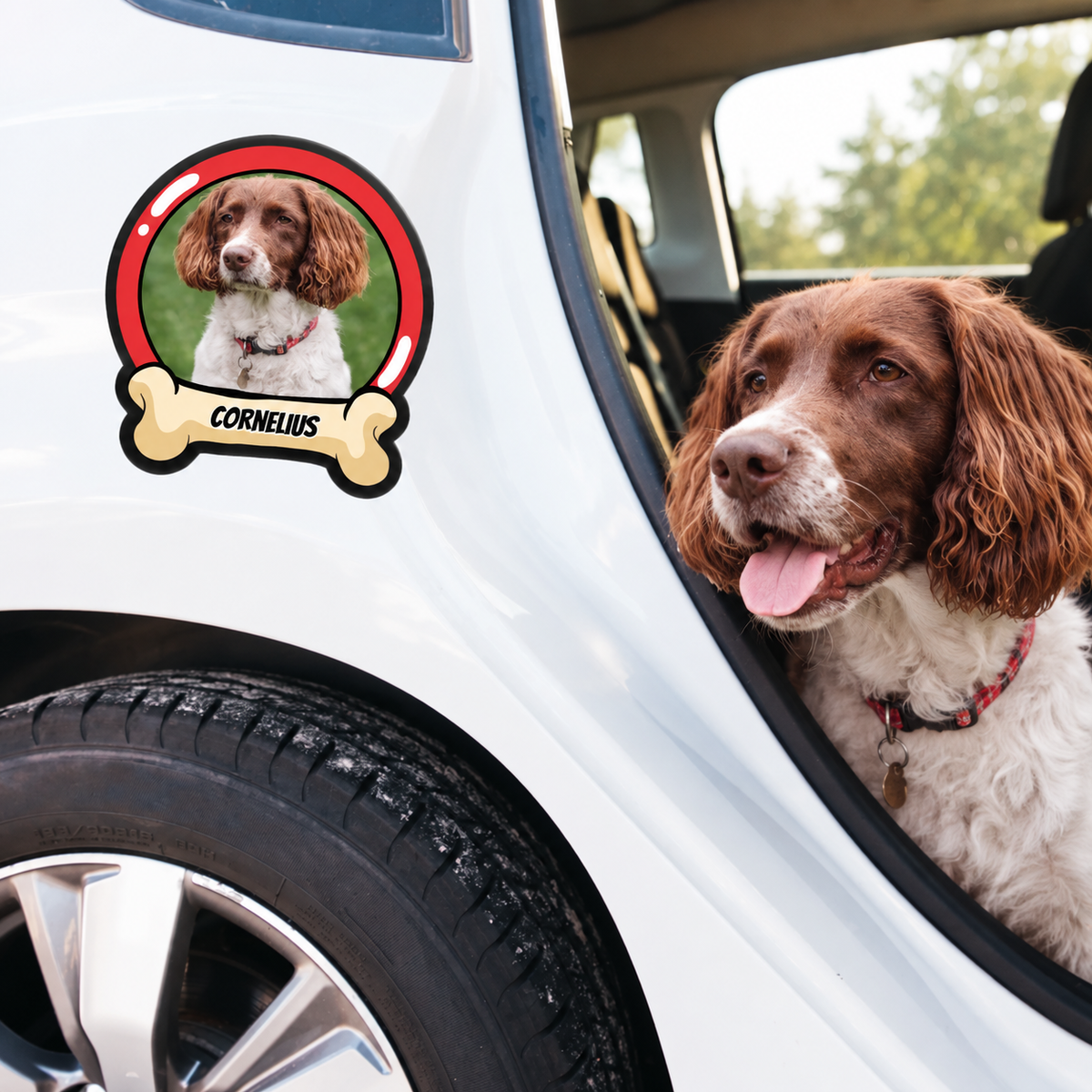 Personalisierter Autoaufkleber mit Hunde-Bild und dem Namen "CORNELIUS" auf einer weißen Autotür.