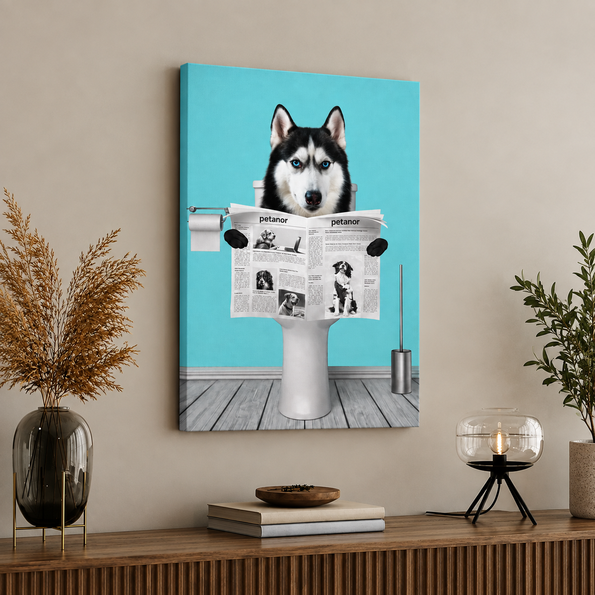 Leinwand mit Hund, der auf der Toilette sitzt und eine Zeitung liest, Hintergrund in Blau.