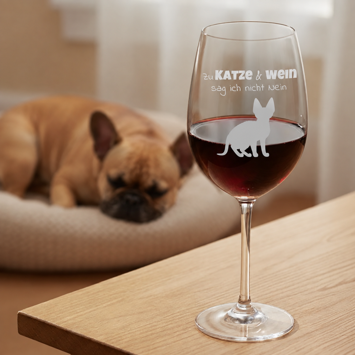 Personalisiertes Weinglas mit Katzenmotiv und Text, gefüllt mit Rotwein, auf einem Holztisch. Hund schläft im Hintergrund.